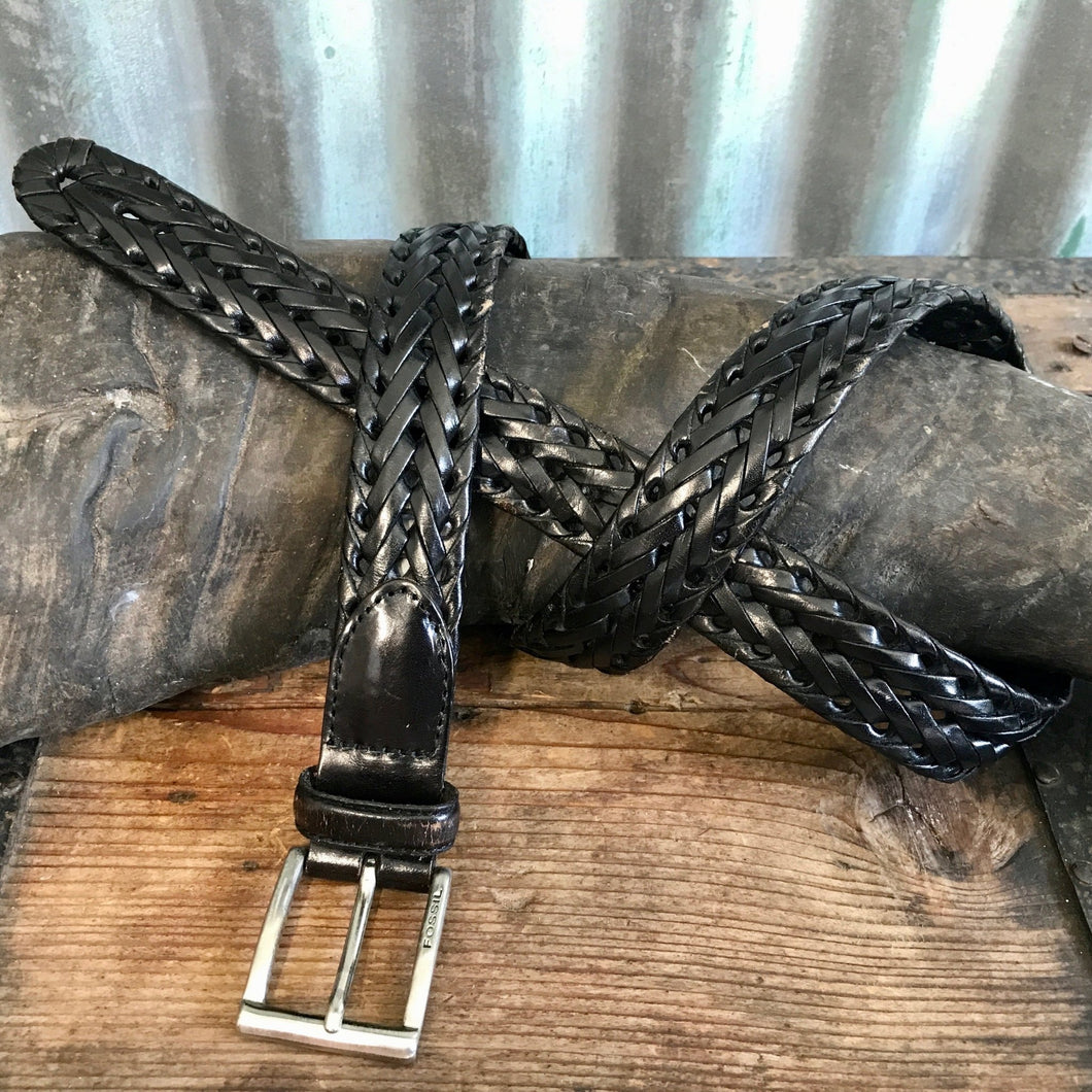 1990's Fossil Vintage Black Plaited Leather Belt Sz L - OOAK - Phoenix Menswear