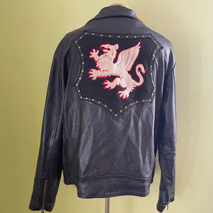 1990's Heavy Vintage Leather Black Biker Jacket Dragon Patch Sz XL - OOAK - Phoenix Menswear