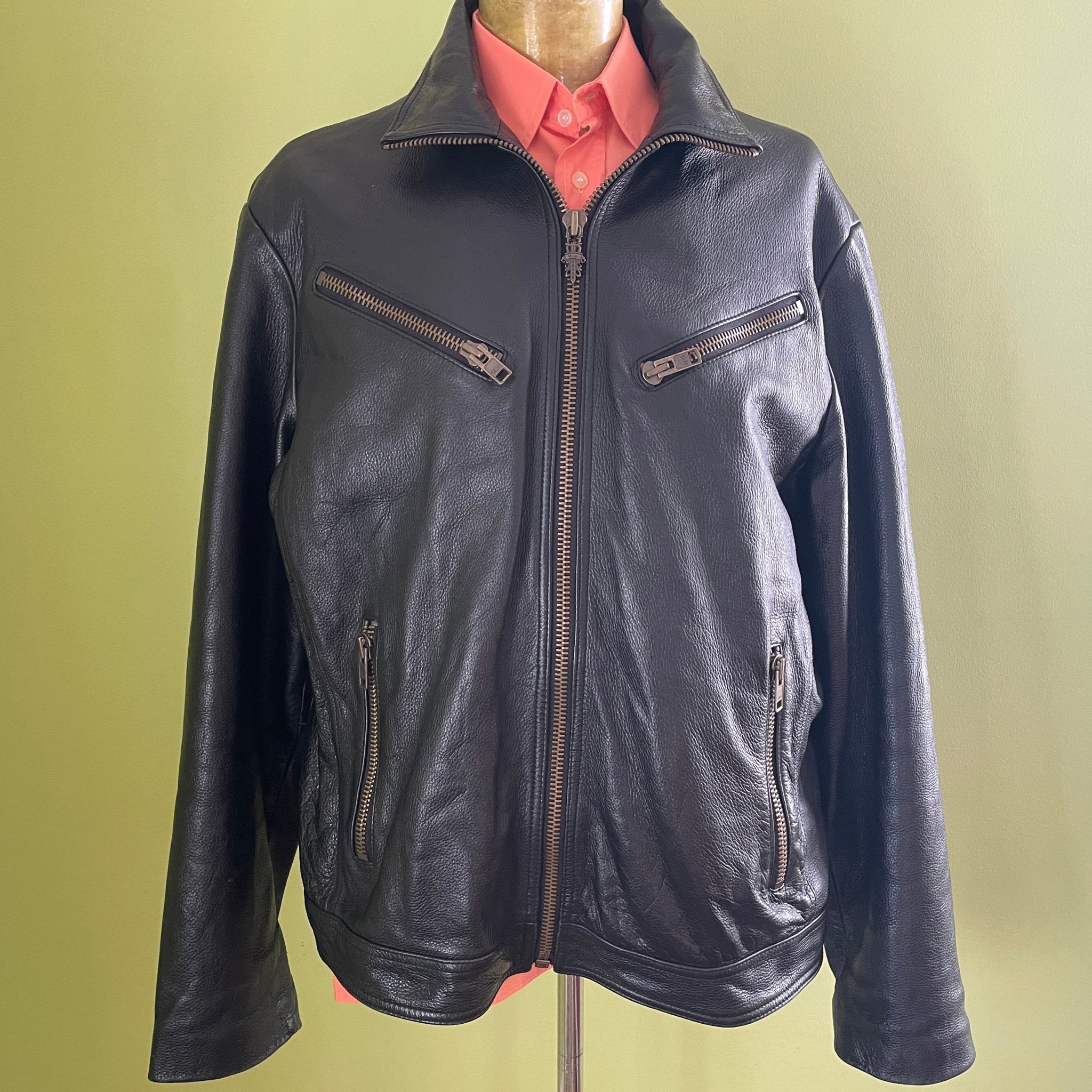 1990 s Heavy Vintage Leather Black Biker Jacket Dragon Patch Sz XL