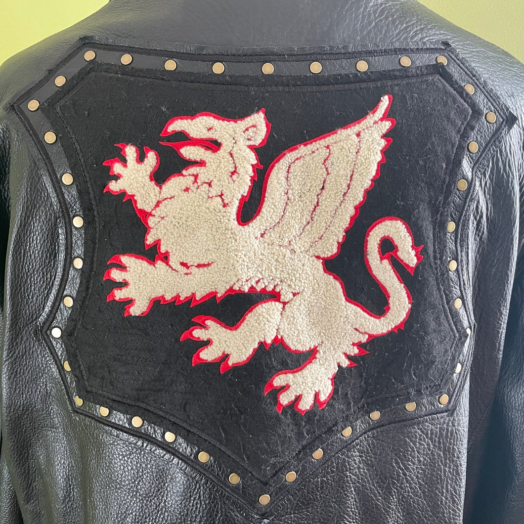 1990's Heavy Vintage Leather Black Biker Jacket Dragon Patch Sz XL 