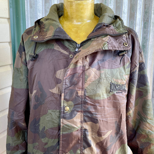 1990's Lonsdale Vintage Camouflage Long Jacket Hood Green Brown Sz XL - OOAK - Phoenix Menswear