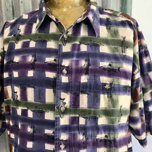 1990's Men's Check Fish Print S/S Shirt Sz XL - OOAK - Phoenix Menswear