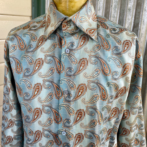 1990's Men's Paisley Brown Blue Print L/S Shirt Sz M - OOAK - Phoenix Menswear