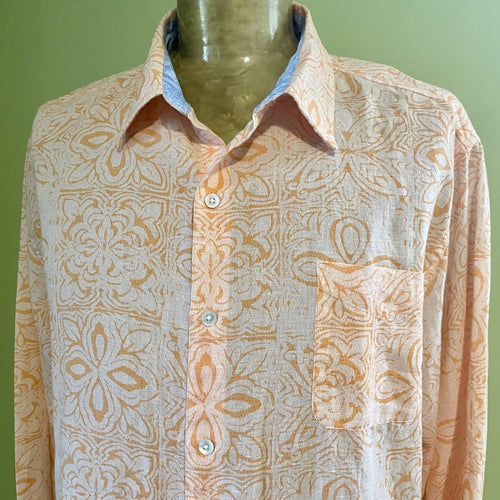 1990s Orange Floral Linen L/S Shirt Sz XL - OOAK - Phoenix Menswear