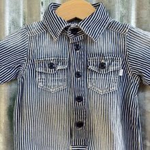 Load image into Gallery viewer, 1990&#39;s Pinstripe Blue Denim Vintage Kid&#39;s Oshkosh Short Sleeve Babygrow Sz 9 Months - OOAK - Phoenix Menswear