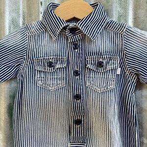 1990's Pinstripe Blue Denim Vintage Kid's Oshkosh Short Sleeve Babygrow Sz 9 Months - OOAK - Phoenix Menswear