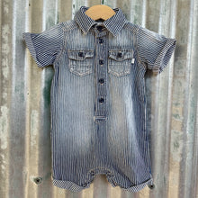 Load image into Gallery viewer, 1990&#39;s Pinstripe Blue Denim Vintage Kid&#39;s Oshkosh Short Sleeve Babygrow Sz 9 Months - OOAK - Phoenix Menswear