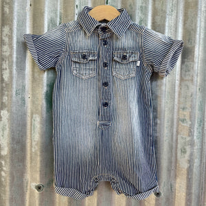 1990's Pinstripe Blue Denim Vintage Kid's Oshkosh Short Sleeve Babygrow Sz 9 Months - OOAK - Phoenix Menswear