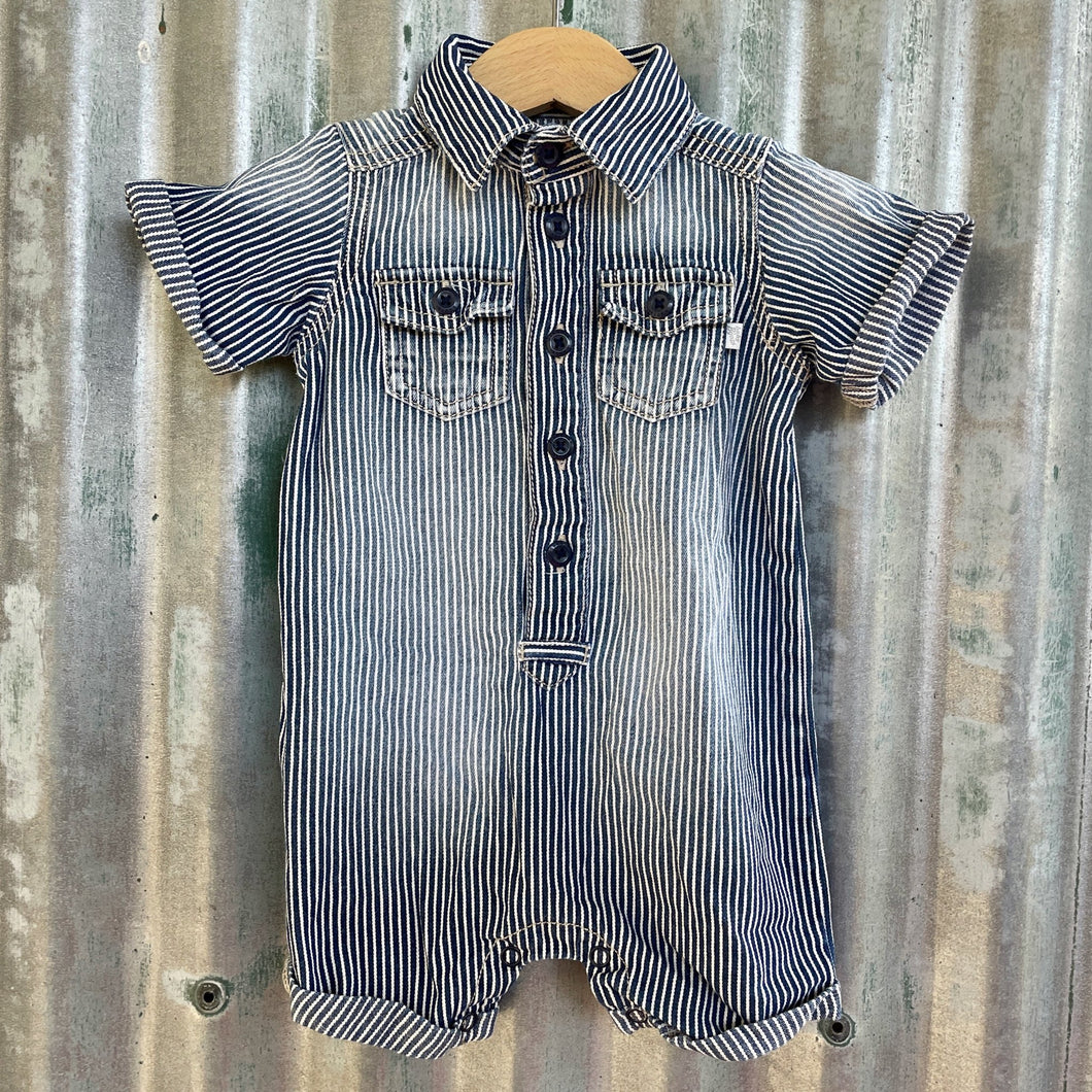 1990's Pinstripe Blue Denim Vintage Kid's Oshkosh Short Sleeve Babygrow Sz 9 Months - OOAK - Phoenix Menswear