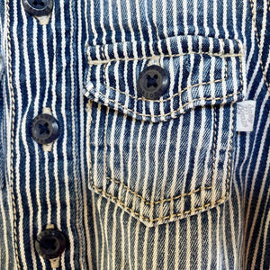 1990's Pinstripe Blue Denim Vintage Kid's Oshkosh Short Sleeve Babygrow Sz 9 Months - OOAK - Phoenix Menswear