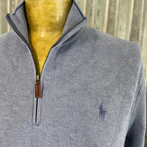 1990's Polo Ralph Lauren Vintage Cotton Jumper Pale Blue Pullover Zip Sz M - OOAK - Phoenix Menswear