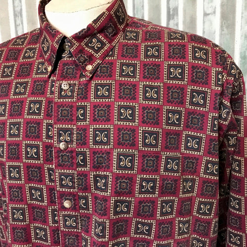 1990's Preswick & Moore Vintage L/S Shirt Burgundy Geometric Pattern Sz XL - OOAK - Phoenix Menswear