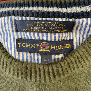 1990's Tommy Hilfiger Vintage Cotton Jumper Khaki Green Pullover Crew Neck Sz L - OOAK - Phoenix Menswear