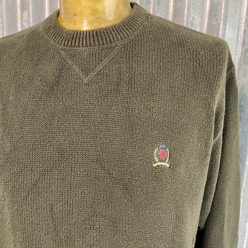 1990's Tommy Hilfiger Vintage Cotton Jumper Khaki Green Pullover Crew Neck Sz L - OOAK - Phoenix Menswear