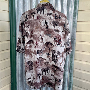 1990's Vintage African Bush Print Shirt Brown Beige Cream Elephant Giraffe Zebra Bushman S/S Sz 3XL - OOAK - Phoenix Menswear