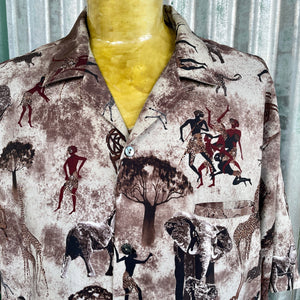 1990's Vintage African Bush Print Shirt Brown Beige Cream Elephant Giraffe Zebra Bushman S/S Sz 3XL - OOAK - Phoenix Menswear
