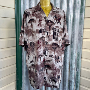 1990's Vintage African Bush Print Shirt Brown Beige Cream Elephant Giraffe Zebra Bushman S/S Sz 3XL - OOAK - Phoenix Menswear
