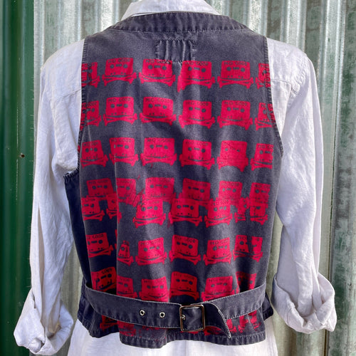 1990's Vintage Armani Women's Printed Navy Red Cassette Tapes Cotton Vest Sz S - OOAK - Phoenix Menswear