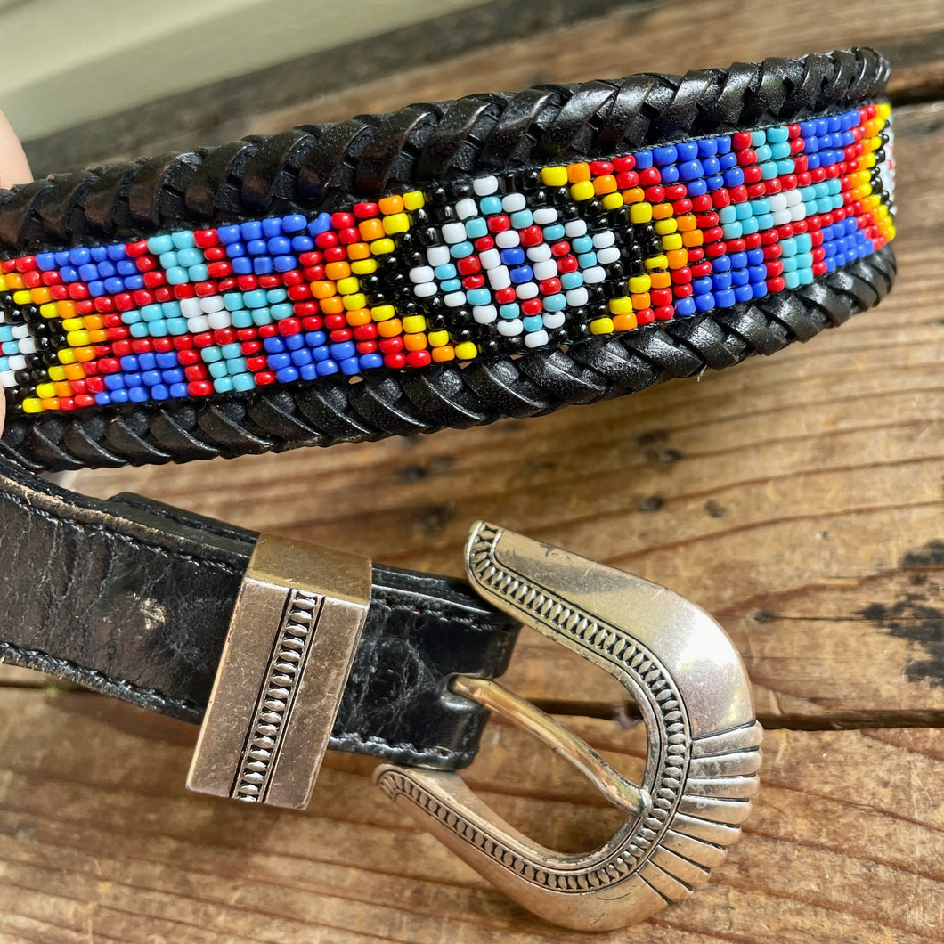 1990's Vintage Beaded Aztec Black Leather Sz S - OOAK - Phoenix Menswear