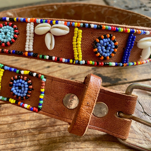 1990's Vintage Beaded Aztec Brown Leather Shells Beads Sz M - OOAK - Phoenix Menswear