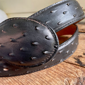 1990's Vintage Black Leather Faux Ostrich Belt Sz M - OOAK - Phoenix Menswear