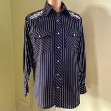 Load image into Gallery viewer, 1990&#39;s Vintage Black White Pinstripe Embroidered Western L/S Shirt Sz L - OOAK - Phoenix Menswear