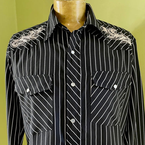 1990's Vintage Black White Pinstripe Embroidered Western L/S Shirt Sz L - OOAK - Phoenix Menswear