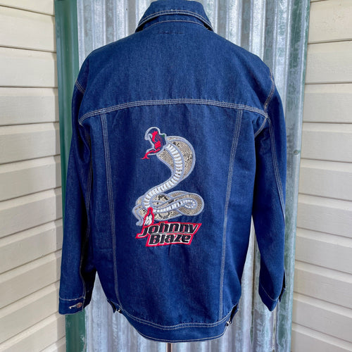 1990s Vintage Blue Denim Jacket EmbroideredCobra Snake Johnny Blaze Sz XL - OOAK - Phoenix Menswear