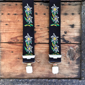 1990's Vintage Braces Suspenders - Black with Daisy Print - OOAK - Phoenix Menswear