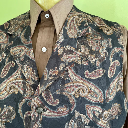 1990's Vintage Brocade Paisley Vest with Lapel Brown Gold Black Made in the USA Sz L - OOAK - Phoenix Menswear