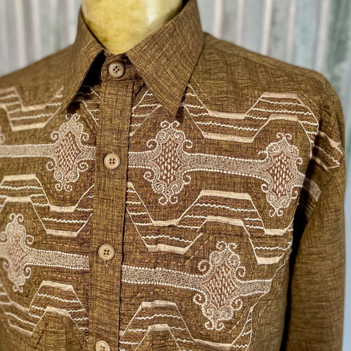 1990's Vintage Brown Silk Embroidered Shirt L/S Sz XXL - OOAK - Phoenix Menswear