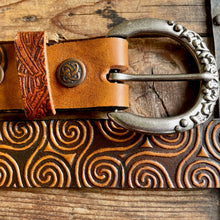 Load image into Gallery viewer, 1990&#39;s Vintage Brown Tooled Leather Belt Swirl Design Sz XXL - OOAK - Phoenix Menswear