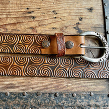 Load image into Gallery viewer, 1990&#39;s Vintage Brown Tooled Leather Belt Swirl Design Sz XXL - OOAK - Phoenix Menswear
