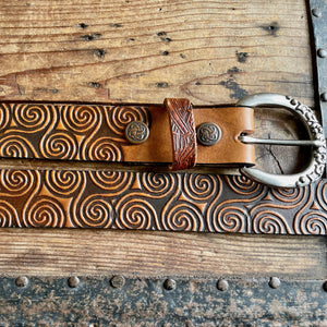 1990's Vintage Brown Tooled Leather Belt Swirl Design Sz XXL - OOAK - Phoenix Menswear