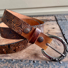 Load image into Gallery viewer, 1990&#39;s Vintage Brown Tooled Leather Belt Swirl Design Sz XXL - OOAK - Phoenix Menswear