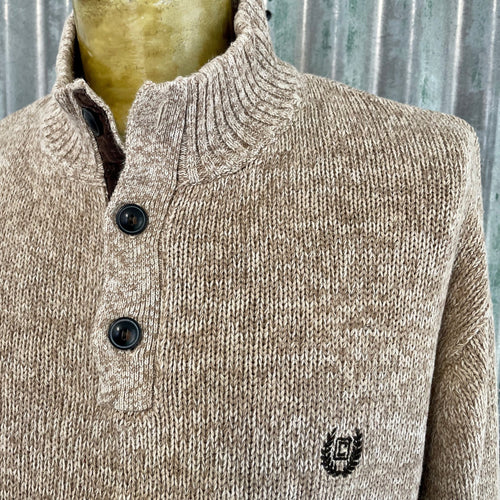 1990's Vintage Chaps Cotton Jumper Pullover Buttons Oatmeal Brown Elbow Patches Sz 3XL - OOAK - Phoenix Menswear