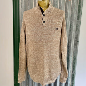 1990's Vintage Chaps Cotton Jumper Pullover Buttons Oatmeal Brown Elbow Patches Sz 3XL - OOAK - Phoenix Menswear
