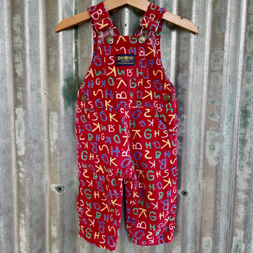 1990's Vintage Children's Oshkosh Red Corduroy Overalls Alphabet Print Sz 6-9 Months - OOAK - Phoenix Menswear
