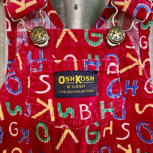 1990's Vintage Children's Oshkosh Red Corduroy Overalls Alphabet Print Sz 6-9 Months - OOAK - Phoenix Menswear