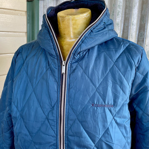 1990's Vintage Converse Bomber Jacket Blue Quilted Hood Sz L - OOAK - Phoenix Menswear