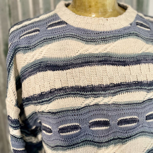 1990's Vintage Cotton Jumper Blue White Stripe Sz L - OOAK - Phoenix Menswear