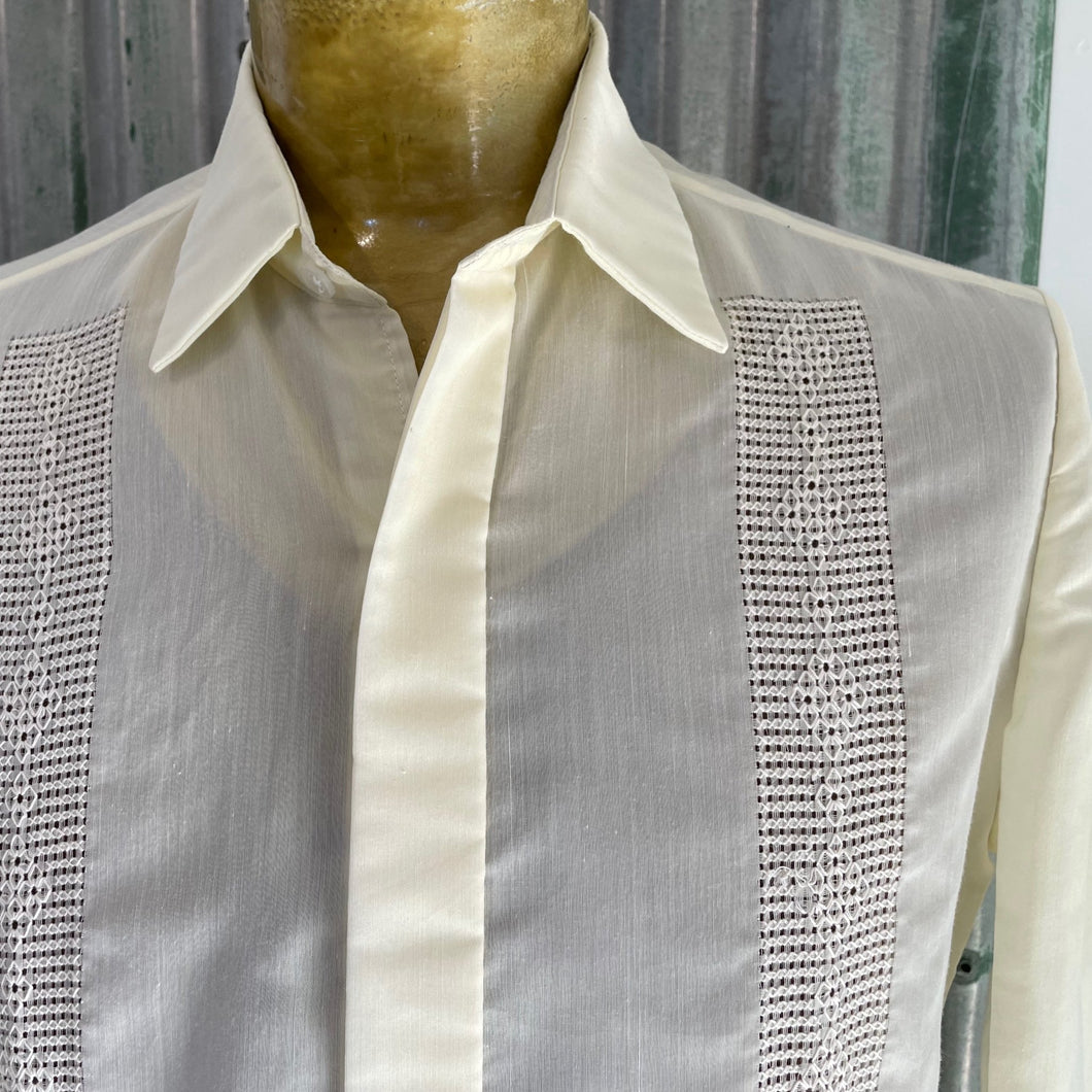 1990's Vintage Cream Embroidered Formal L/S Shirt Sz L - OOAK - Phoenix Menswear
