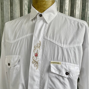 1990's Vintage Crisp White Embroidered Red Gold Cotton L/S Shirt Sz M - OOAK - Phoenix Menswear