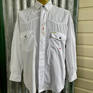 1990's Vintage Crisp White Embroidered Red Gold Cotton L/S Shirt Sz M - OOAK - Phoenix Menswear