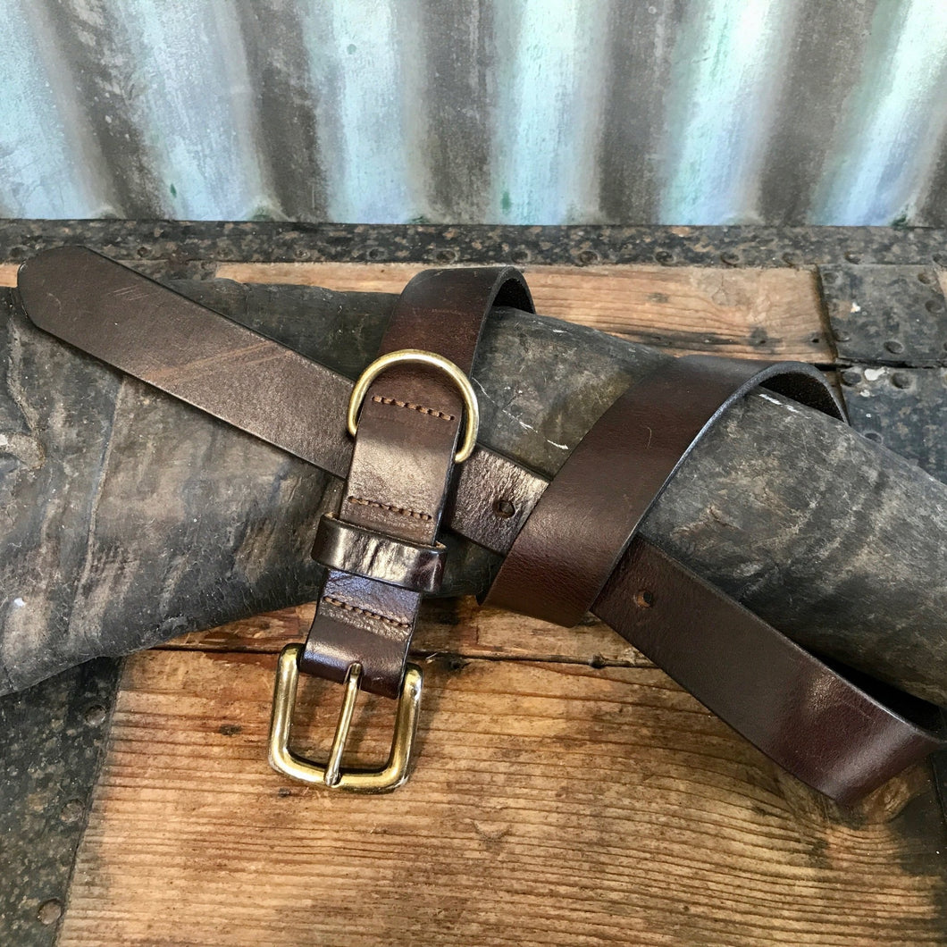 1990's Vintage Dark Brown Leather Belt Brass Buckle Sz S - OOAK