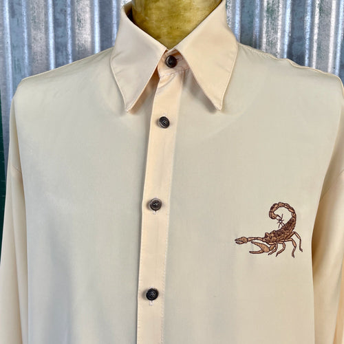 1990's Vintage 'Jaguar' Pale Yellow L/S Shirt Embroidered Scorpion Metal Buttons Sz M - OOAK - Phoenix Menswear