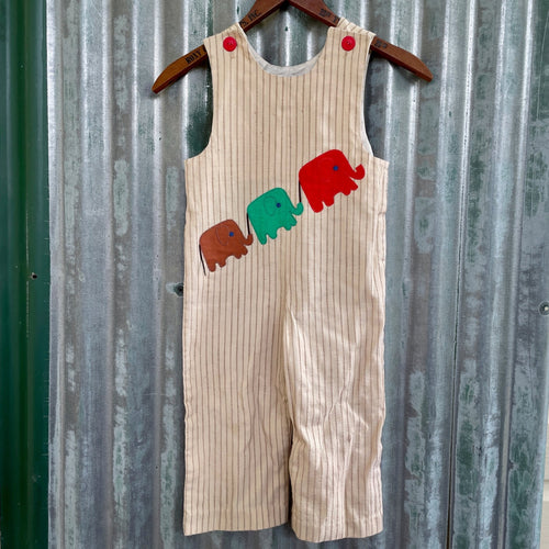 1990's Vintage Kid's Long Overalls Romper Elephants Cream Stripe Sz 4T - OOAK - Phoenix Menswear