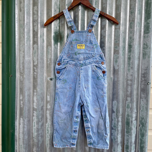 1990's Vintage Kid's Pale Blue Denim Oshkosh Long Overalls Faint Colour print Sz 4T - OOAK - Phoenix Menswear