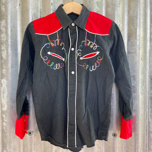 1990's Vintage Kid's Western Shirt Black Red Embroidered Snaps Long Sleeve Sz S - OOAK - Phoenix Menswear