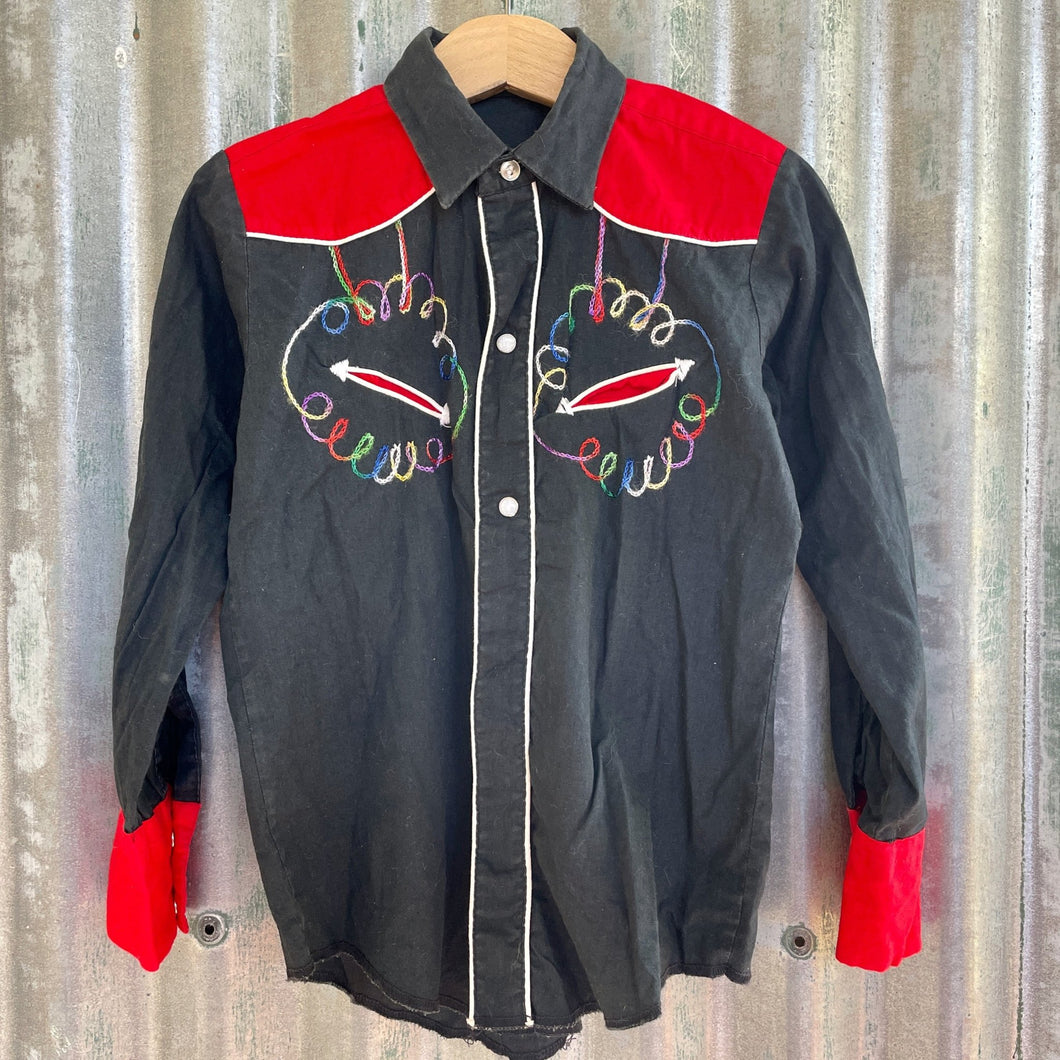 1990's Vintage Kid's Western Shirt Black Red Embroidered Snaps Long Sleeve Sz S - OOAK - Phoenix Menswear